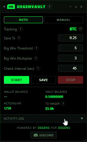 DegenVault floating widget showing Auto mode with Save %, Big Win Threshold and Multiplier, Check Interval, live wallet and vault balances, and the activity log